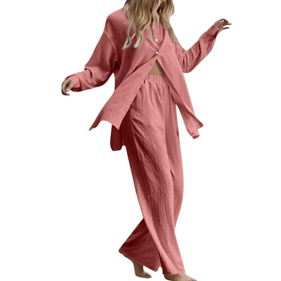 Gkeoshab Fall Sweaters for Women Women's 2 Piece Outfits Button Down Long Sleeve Shirt and Wide Leg Pants Set Red XXXL