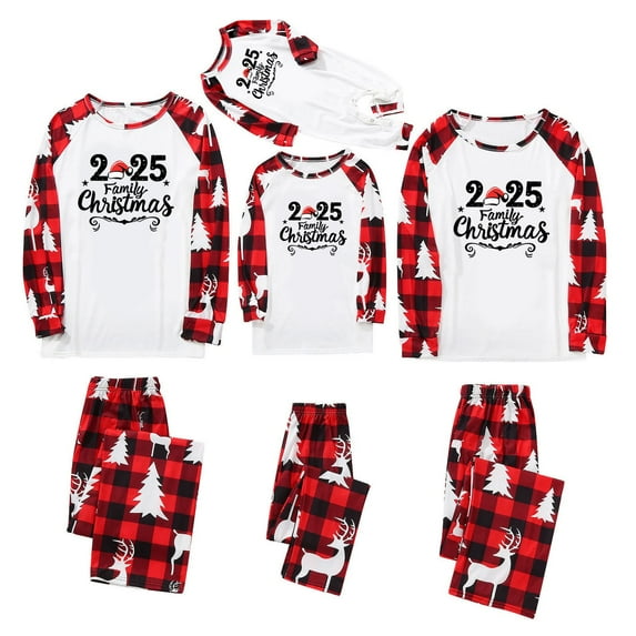 Gkeoshab Family Christmas Pajamas Matching Sets Matching Family Pajamas Sets Christmas PJ's 26 Letter Print Top and Plaid Bottom Sleepwear Jammies with Pockets