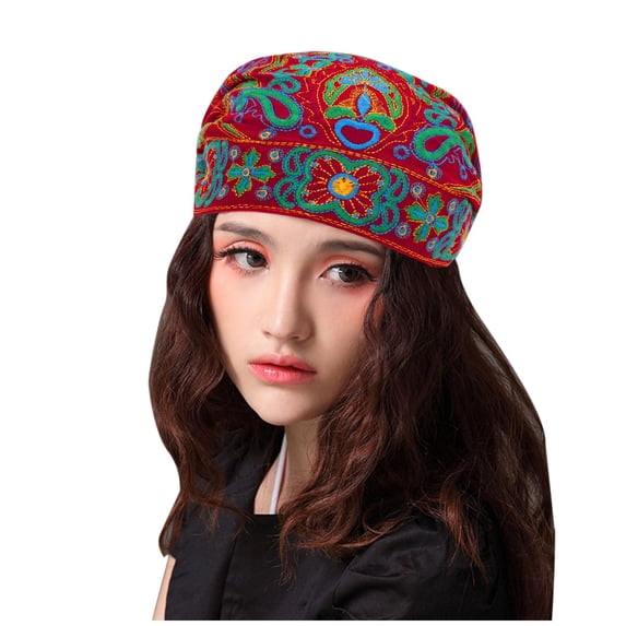 Gkeoshab Hats for Women Women's Ethnic Retro Headscarf Hat Embroidered Flower Fashionable Pull-On Turban for Daily & Casual Wear Skull Cap