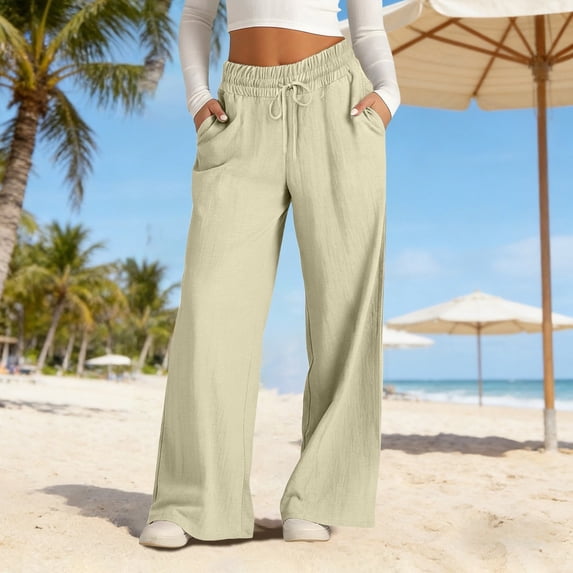 Gkeoshab Linen Pants Women Linen Wide Leg Pants Casual Loose Fit Trousers with Back Pockets Solid Color Plus Size Summer Beach Harem Pants for Daily Summer
