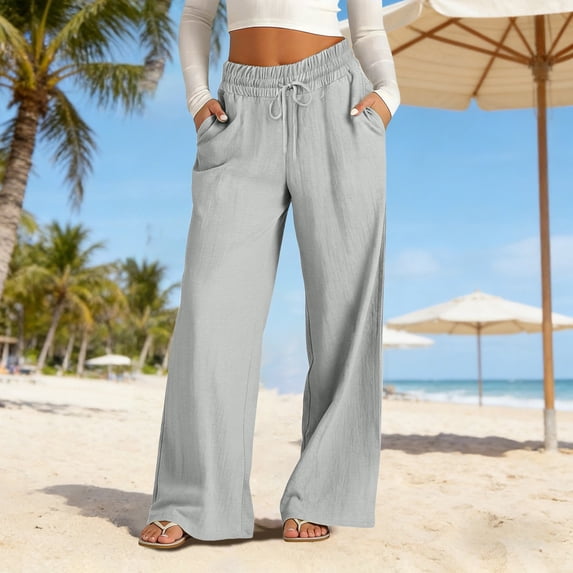 Gkeoshab Linen Pants Women Linen Wide Leg Pants Casual Loose Fit Trousers with Back Pockets Solid Color Plus Size Summer Beach Harem Pants for Daily Summer