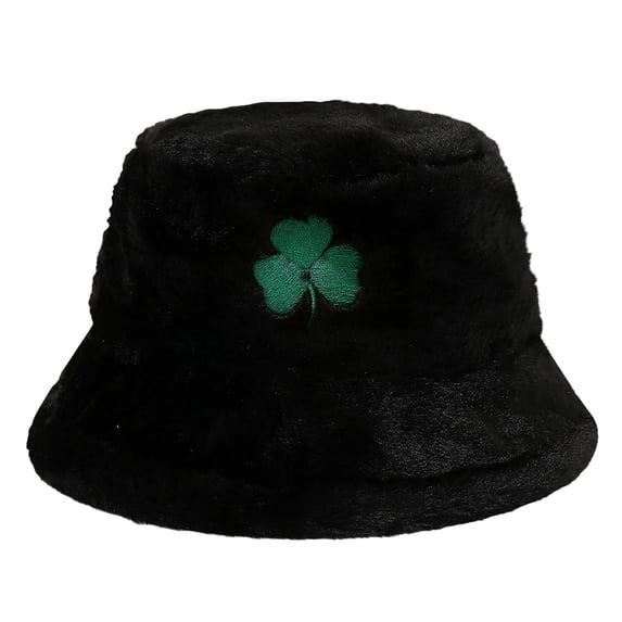 DJN New St. Patrick's Day Clover Print Plush Fisherman Hat Shamrock Fleece Beanie Fashion Soft Winter Hat Black One Size