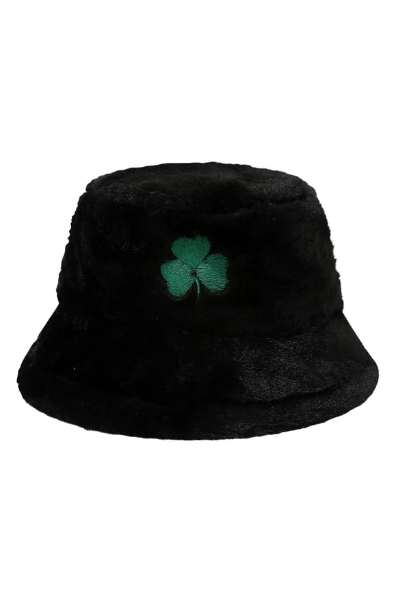 New St. Patrick's Day Clover Print Plush Fisherman Hat Shamrock Fleece Beanie Fashion Soft Winter Hat Black One Size