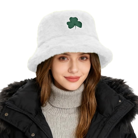 DJN New St. Patrick's Day Clover Print Plush Fisherman Hat Shamrock Fleece Beanie Fashion Soft Winter Hat White One Size