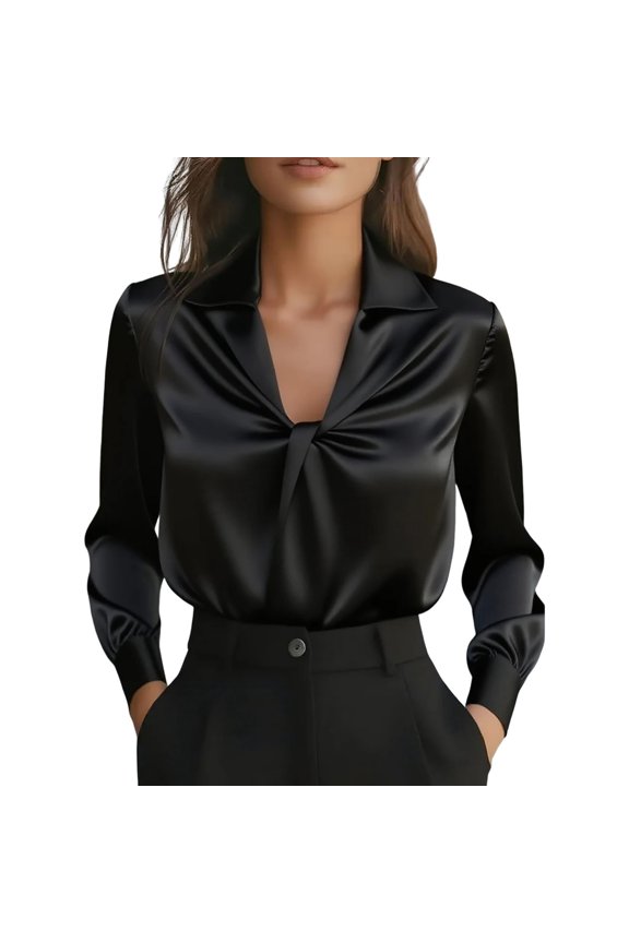 New Women's Elegant Solid Satin Blouse Deep V-Neck Long Sleeve Reflective Shirt Business Workwear Black L