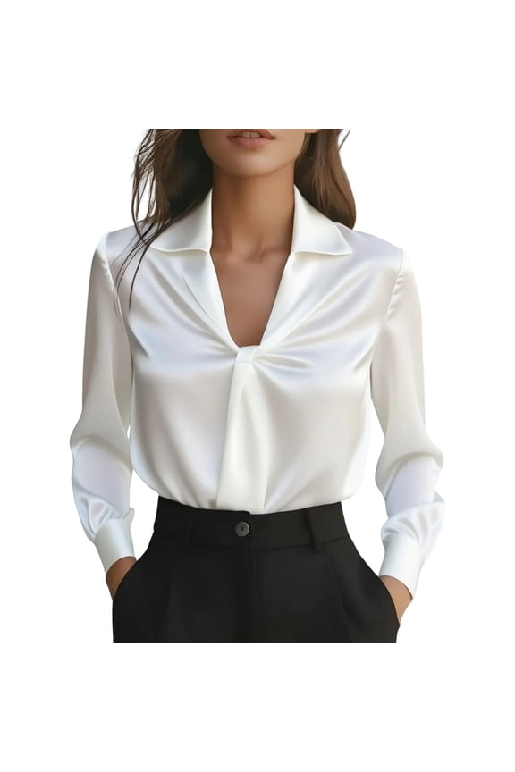 New Women's Elegant Solid Satin Blouse Deep V-Neck Long Sleeve Reflective Shirt Business Workwear White S