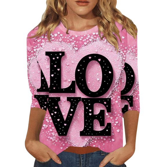 Gkeoshab New Women's Valentine's Day Heart Print T-Shirt Casual Cute Holiday Blouse Pink 4XL
