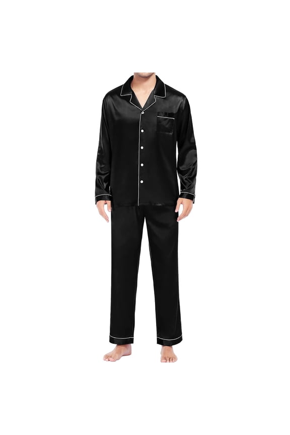 Pajama Set Men Satin Silk Pajama Set Long Sleeve Button Down Top & Long Pants with Pockets Soft Loungewear Two Piece Couples Sleepwear Suit for Daily