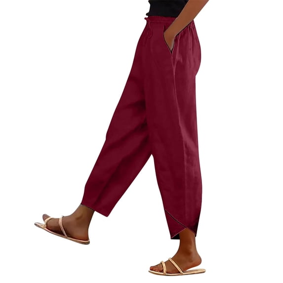 Gkeoshab Pants for Women Linen Relaxed Fit V-Hem Cropped Pants Casual narrow Leg Ankle Pants with Elastic Waistband Wine Red