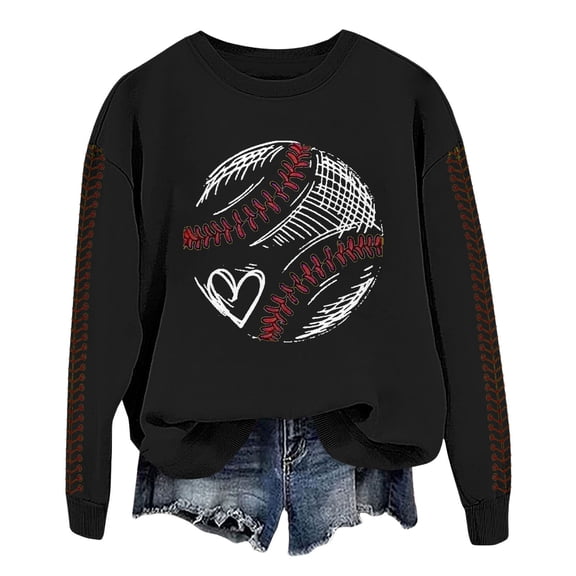 Gkeoshab Pullover Sweaters for Women Baseball Print Women's Long-Sleeve Loose-Fit Round-Neck Sweater for Fall and Winter Black S