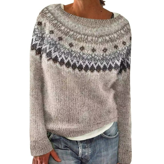 Gkeoshab Pullover Sweaters for Women Women's Long-Sleeve Loose-Fit Round-Neck Sweater for Fall and Winter Beige M