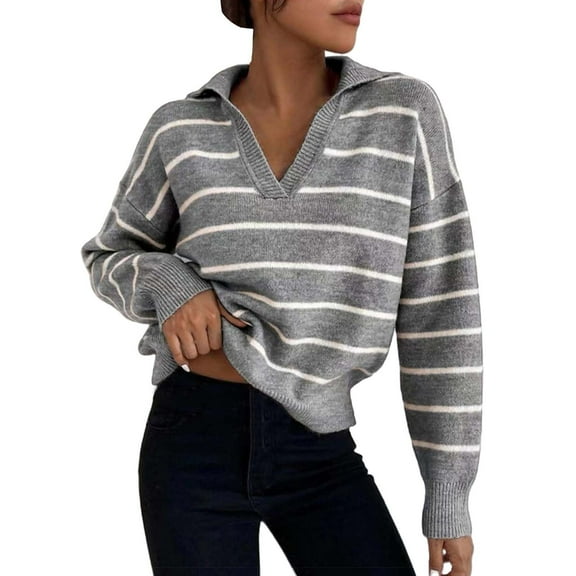 Gkeoshab Pullover Sweaters for Women Women's Long-Sleeve Loose-Fit Round-Neck Sweater for Fall and Winter Grey L