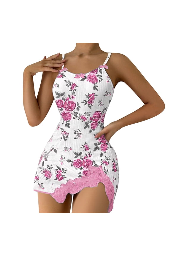 Robes for Women Women's Summer Heart Print Sleep Dress Camisole Nightgown with Lace Trim Contrast Color and Side Slits Pink M