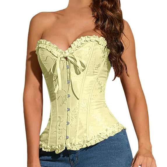 Gkeoshab Shapewear Lace Bustier Corset Crop Tops for Women - Spaghetti Strap Corset Bustier Fashion Going Out Top Shapewear Light yellow L