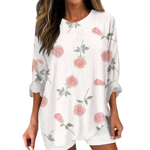 Gkeoshab Spring Women's Round Neck Long Sleeve T-Shirt Printed Loungewear Lightweight Casual Top Light Pink L