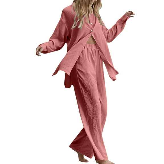 Gkeoshab Sweater Dress Women's 2 Piece Outfits Button Down Long Sleeve Shirt and Wide Leg Pants Set Red M