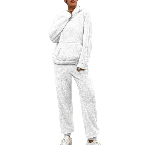 Gkeoshab Sweater Dress Women's Fuzzy Fleece Hoodie Loungewear Pajamas Long Sets 2 Piece Fluffy Sweatsuit Set Casual Outfits White XXL