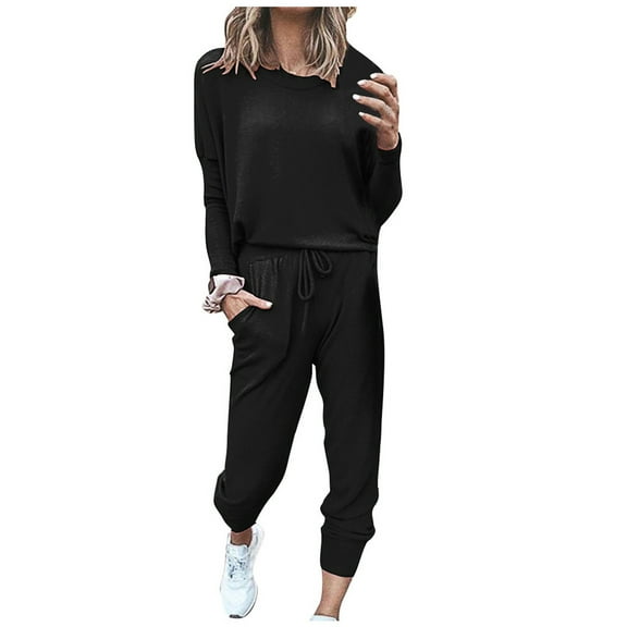 Gkeoshab Sweaters for Women Women Fall 2 Piece Lounge Outfit Long Sleeve Tops High Waisted Jogger Pants Set Spring Travel Clothes Tracksuit Black L