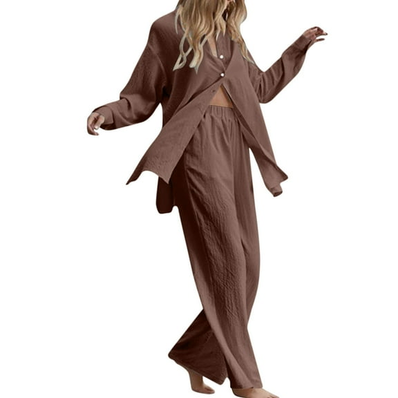 Gkeoshab Sweaters for Women Women's 2 Piece Outfits Button Down Long Sleeve Shirt and Wide Leg Pants Set Coffee XL