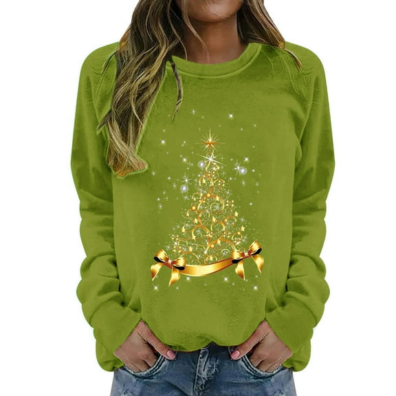 Gkeoshab Sweatshirt For Women Women's Solid Color Round Neck Long Sleeve Christmas Tree Print Crewneck Sweatshirt - Festive Holiday Pullover Top Green S