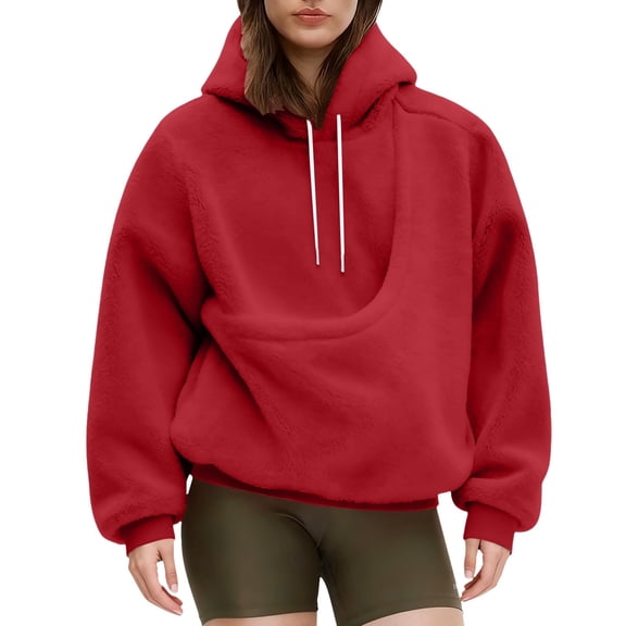 Gkeoshab Sweatshirt Women's Solid Color Flannel Lined Hooded Sweatshirt with Front Pocket, Warm Outdoor Activewear for Cool Weather Comfort and Errand Ready Style Red L