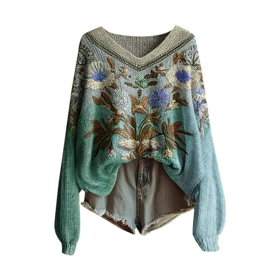 Gkeoshab Sweatshirt Women's Vintage Print Fall Knit Sweater, Retro Pattern Long Sleeve Pullover with Soft Acrylic Blend for Nostalgic Autumn Outings and Timeless Casual Elegance Mint Green XXL