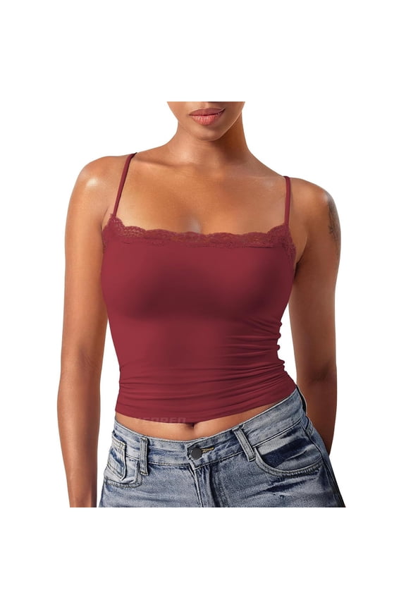 Tank Tops for Women 2026 Solid Lace Cami Top Fashion Square Neck Cropped Sleeveless Blouse with Trim Wine Red S
