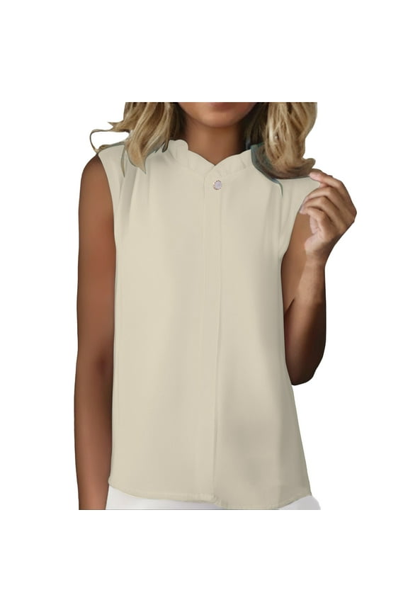 Tank Tops for Women Professional Ruffle Collar Sleeveless Top Solid Ice Silk Vest Blouse for Business Suit & Office Wear Beige L