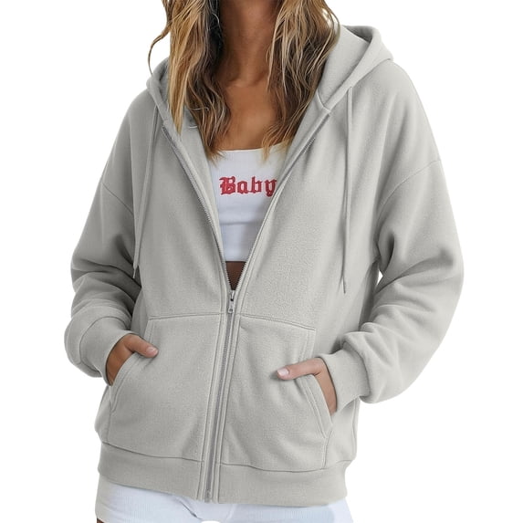 Gkeoshab Tops for Women Solid Cotton Full Zip Up Oversized Hooded Sweatshirt Jacket Adjustable Drawstring Loose Long Sleeve Casual Outerwear With Convenient Side Pockets