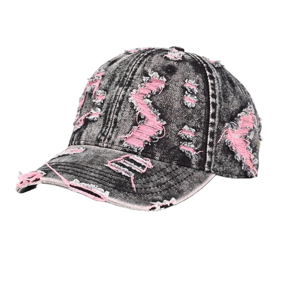 DJN Unisex Distressed Denim Baseball Cap Washed Ripped Hat with Colorful Stitching Polyester Cotton Adjustable Snapback Pink One Size