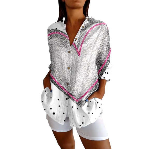 Gkeoshab Valentine Women Retro Print Bohemian Shirt Exquisite Hemp Button-Down V-Neck Blouse Vintage Boho Chic Top Grey 3XL