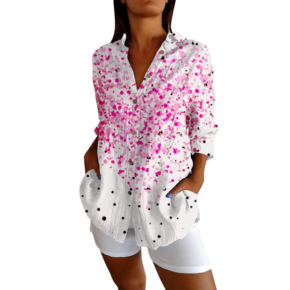 Gkeoshab Valentine Women Retro Print Bohemian Shirt Exquisite Hemp Button-Down V-Neck Blouse Vintage Boho Chic Top White M