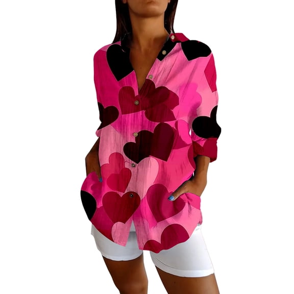 Gkeoshab Valentine Women Retro Print Bohemian Shirt Exquisite Hemp Button-Down V-Neck Blouse Vintage Boho Chic Top Wine Red XL