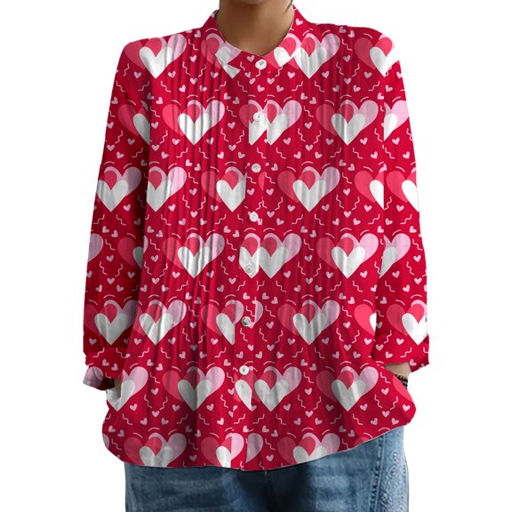 Gkeoshab Valentine Women's Ruffle Blouse Exquisite Hemp Wrinkled Shirt Boho Casual Mid-Length Long Sleeve Top Red2 3XL