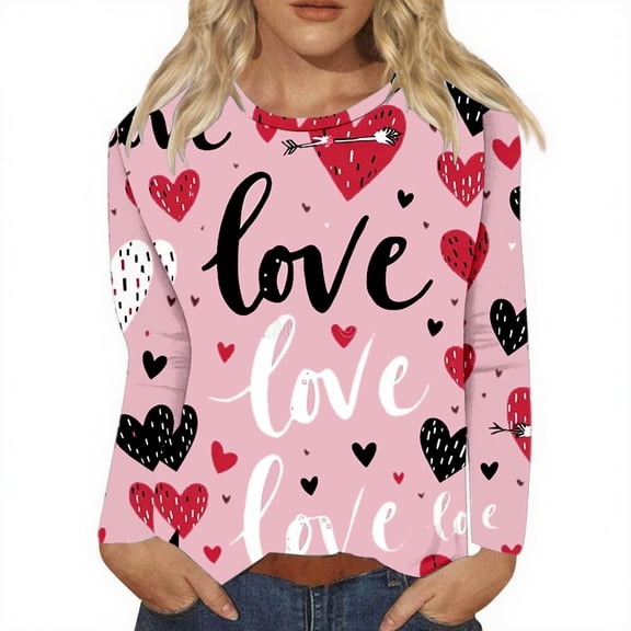 Gkeoshab Valentine's Day Fashion Women's T-Shirt Loose Fit Heart Print Blouse Casual Holiday Top LP1 L