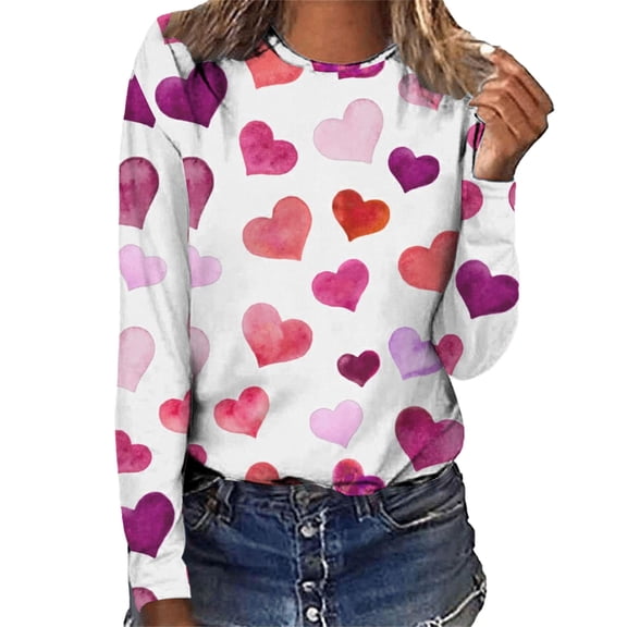 Gkeoshab Valentine's Day Heart Necklace Print Women's Long Sleeve Round Neck Top Cotton Blouse Light Pink 3XL