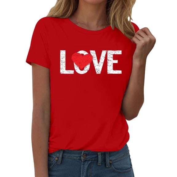 Gkeoshab Valentine's Day Red Short Sleeved T-Shirt for Women Heart Print in Cotton Cute Casual Tee Brick Red XL