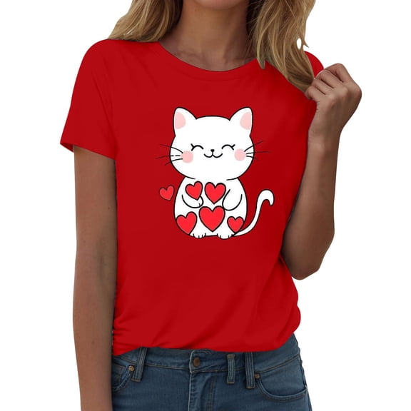Gkeoshab Womens Summer Tops Valentine's Day Red Short Sleeved T-Shirt for Women Heart Print in Cotton Cute Casual Tee Brick Red XL Womens Summer Outfits