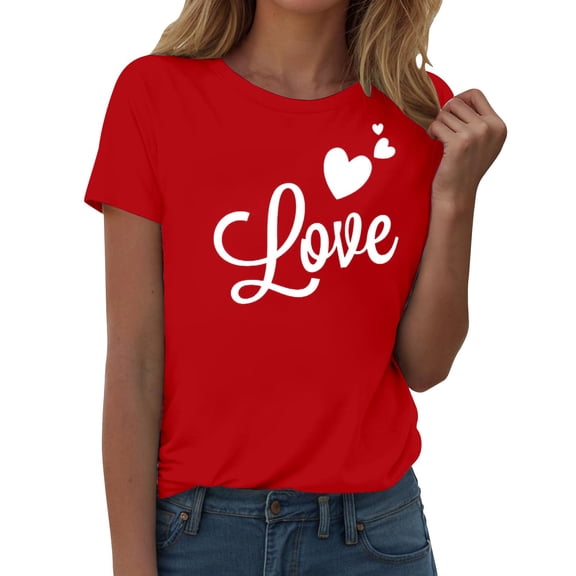 Gkeoshab Womens Tops Valentine's Day Red Short Sleeved T-Shirt for Women Heart Print in Cotton Cute Casual Tee Pink M Blouses for Women Dressy Casual