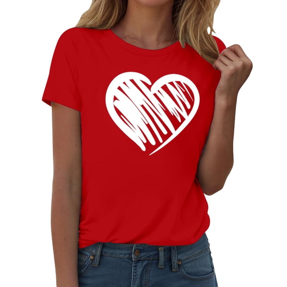 Gkeoshab Valentine's Day Red Short Sleeved T-Shirt for Women Heart Print in Cotton Cute Casual Tee Pink M