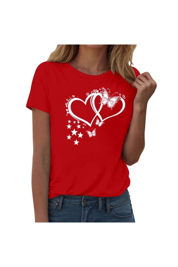 Valentine's Day Red Short Sleeved T-Shirt for Women Heart Print in Cotton Cute Casual Tee Red L