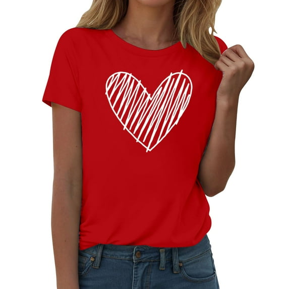 Gkeoshab Cute Summer Tops Valentine's Day Red Short Sleeved T-Shirt for Women Heart Print in Cotton Cute Casual Tee Red S Summer Clothes