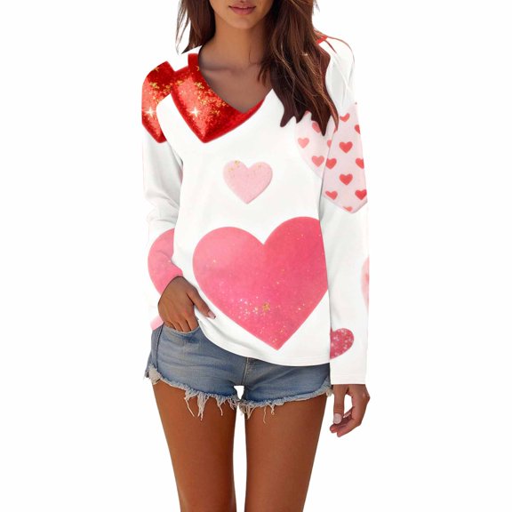 Gkeoshab Valentine's Day Women Print Long Sleeve Round Neck Top Cute Casual Shirt Gift Affordable & Comfortable Blouse Beige XXL