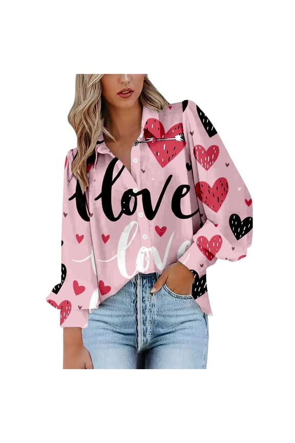 Valentine's Day Women's Button-Down Long Sleeve Shirt Print Blouse for Work Office Top LP1 L