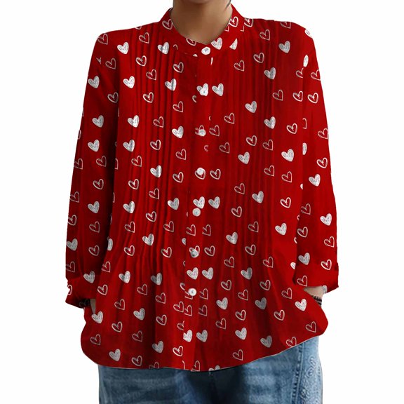 Gkeoshab Valentine's Day Women's Ruffle Blouse Heart Print Crinkle Shirt Long Sleeve Tunic Top Brick Red XXL