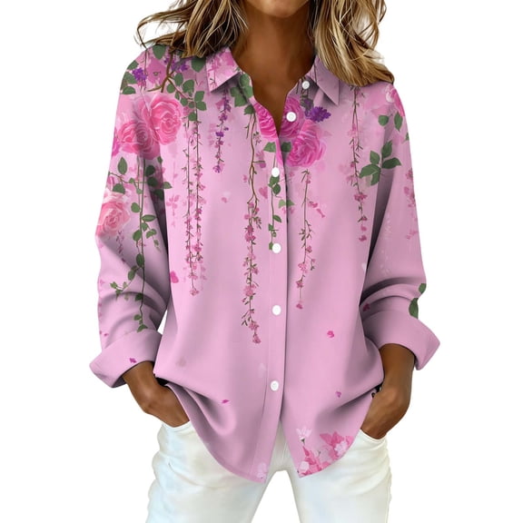 Gkeoshab Valentine's Day Women's Themed Top Heart Print Long Sleeve Shirt Casual Blouse Light Pink L