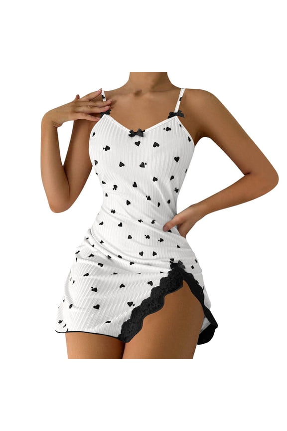 Valentines Pajamas Women's Summer Heart Print Sleep Dress Camisole Nightgown with Lace Trim Contrast Color and Side Slits Black S