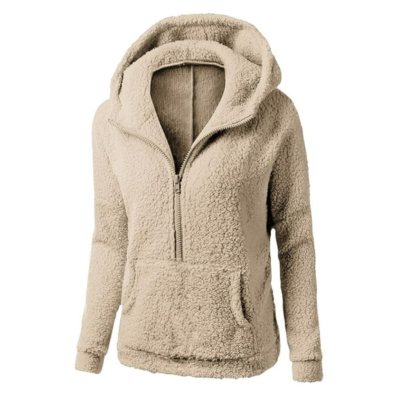 Gkeoshab Vintage Christmas Women's Bubble Fleece Hooded Pullover with Half-Zip Design, Plush Textured Long Sleeve Sweatshirt Featuring Front Pockets for Trendy Comfort and Warmth Khaki XL