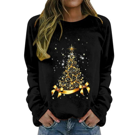 Gkeoshab Vintage Christmas Women's Solid Color Round Neck Long Sleeve Christmas Tree Print Crewneck Sweatshirt - Festive Holiday Pullover Top Black S