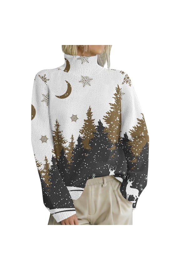 Women Fall Clothes Women's Christmas Print High Neck Sweater, Festive Long Sleeve Pullover with Fold Over Collar for a Stylish and Warm Holiday Season Outfit Essential Dark Gray XL